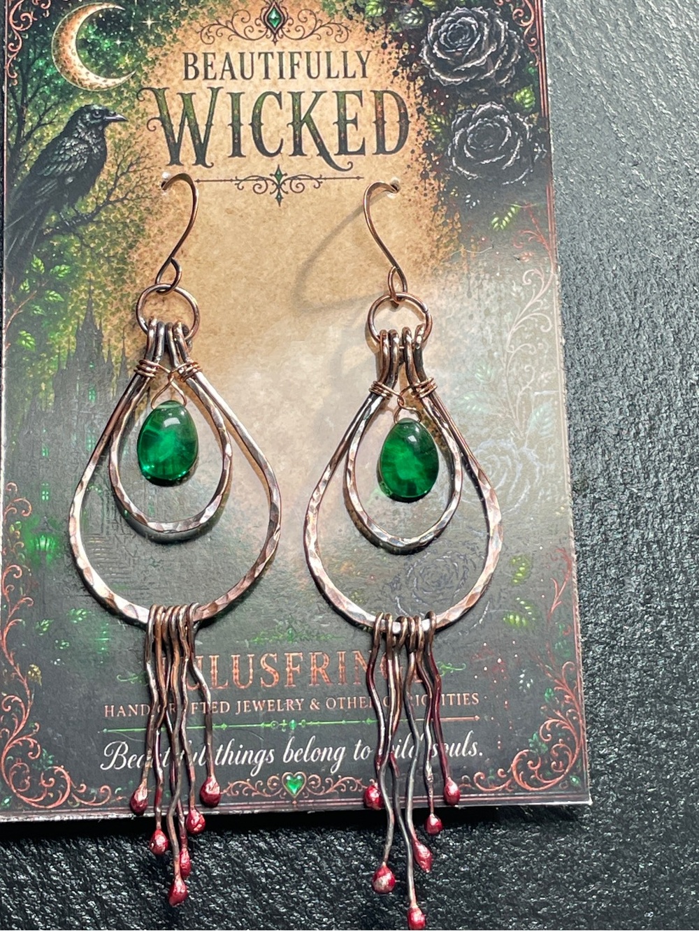 Hand Forged Copper Drip Earrings | Emerald Quartz | Gothic Artisan Fringe